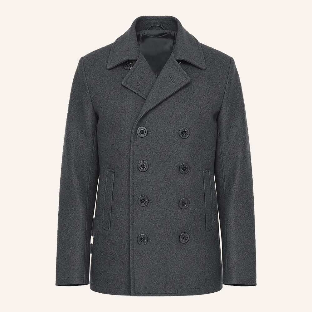 Men’s Classic Charcoal Grey Double-Breasted Wool Peacoat Jacket