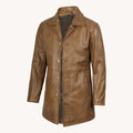 Men's Brown Distressed Leather Coat with Notched Collar and Button Closure