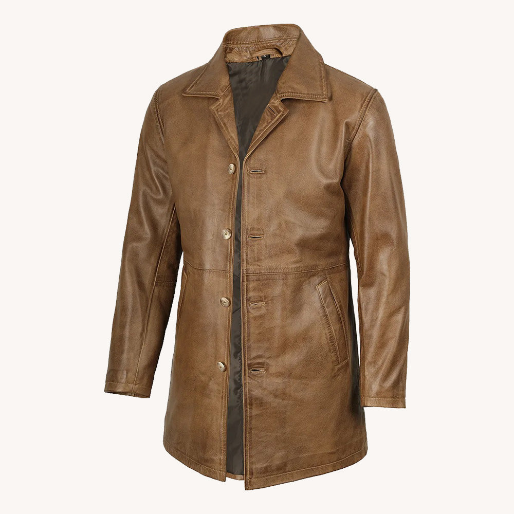 Men's Brown Distressed Leather Coat with Notched Collar and Button Closure