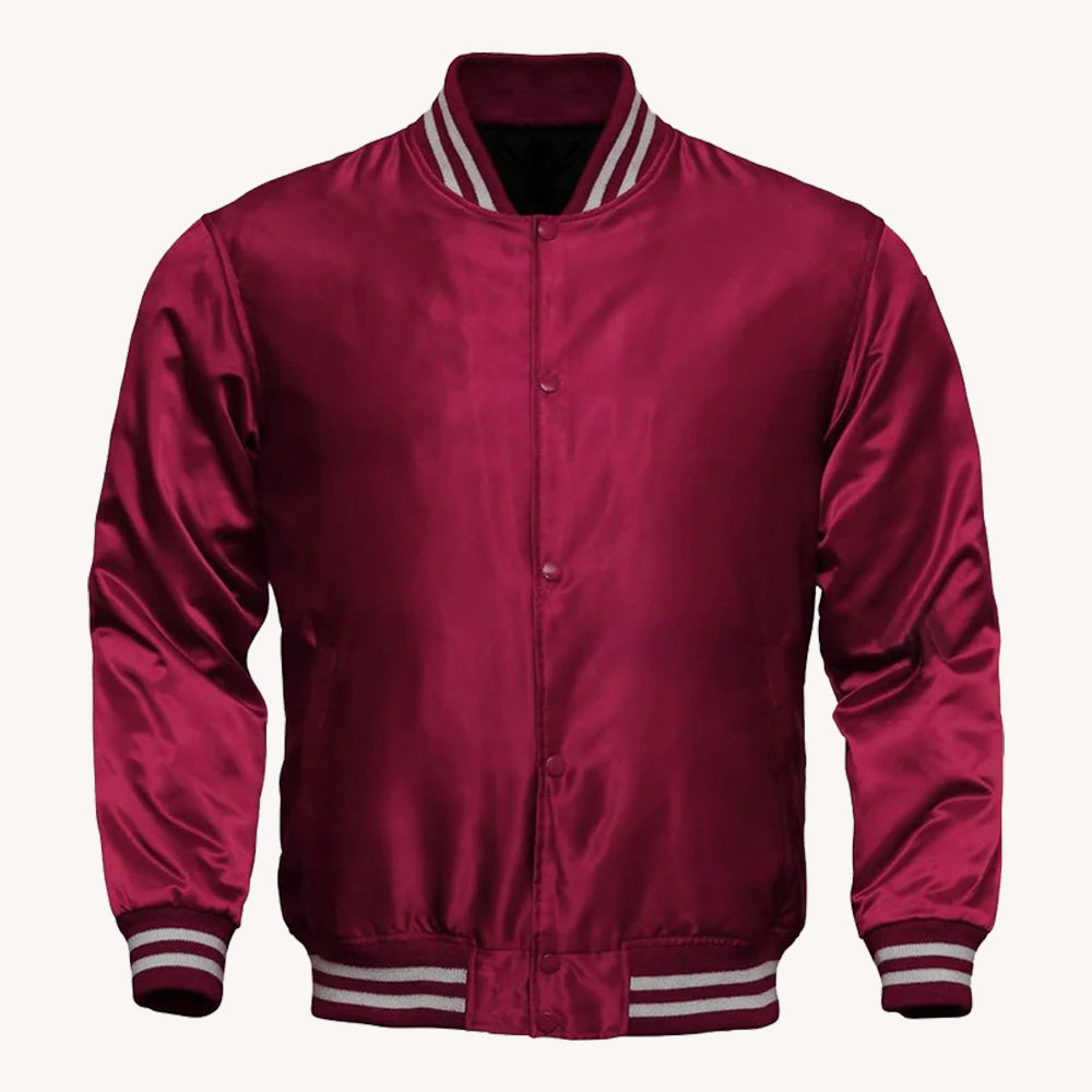 Men's Maroon Satin Varsity Jacket with Striped Ribbed Trim