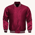 Men's Maroon Satin Varsity Jacket with Striped Ribbed Trim