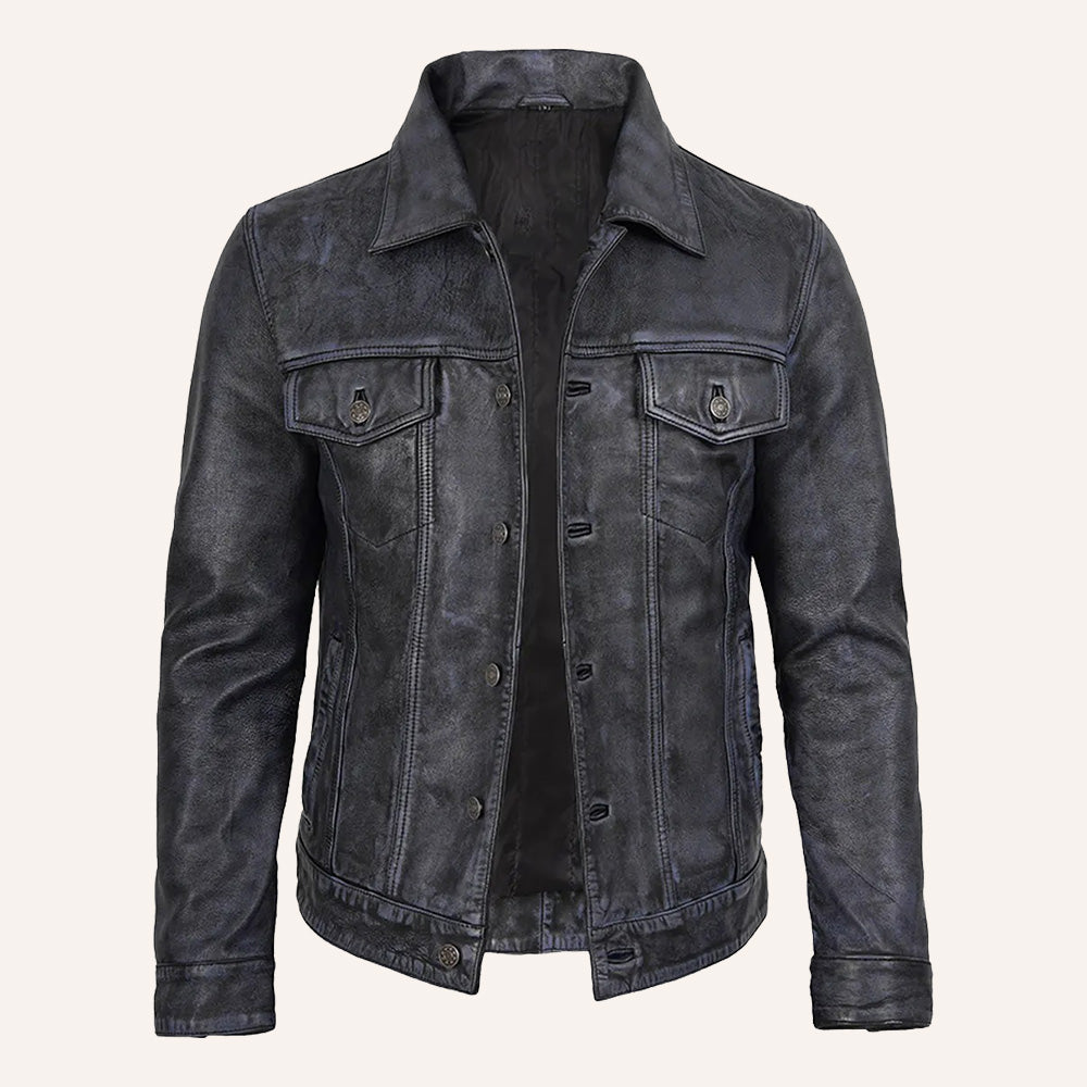 Men's gray distressed leather trucker jacket front view