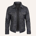 Men's gray distressed leather trucker jacket front view