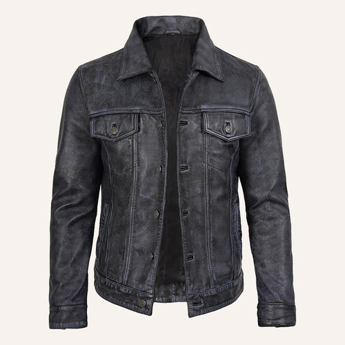 Men's gray distressed leather trucker jacket front view