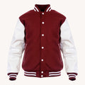 Men's Maroon Varsity Jacket with White Leather Sleeves and Snap Closure