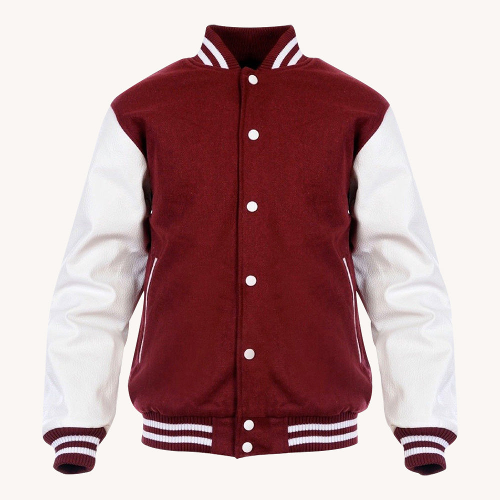Men's Maroon Varsity Jacket with White Leather Sleeves and Snap Closure