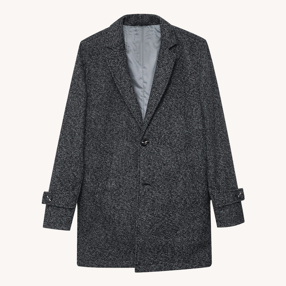 Men's Gray Tweed Overcoat with Notch Lapel and Tab Cuffs