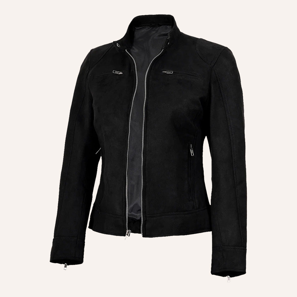 Women’s Classic Black Real Suede Cafe Racer Biker Jacket