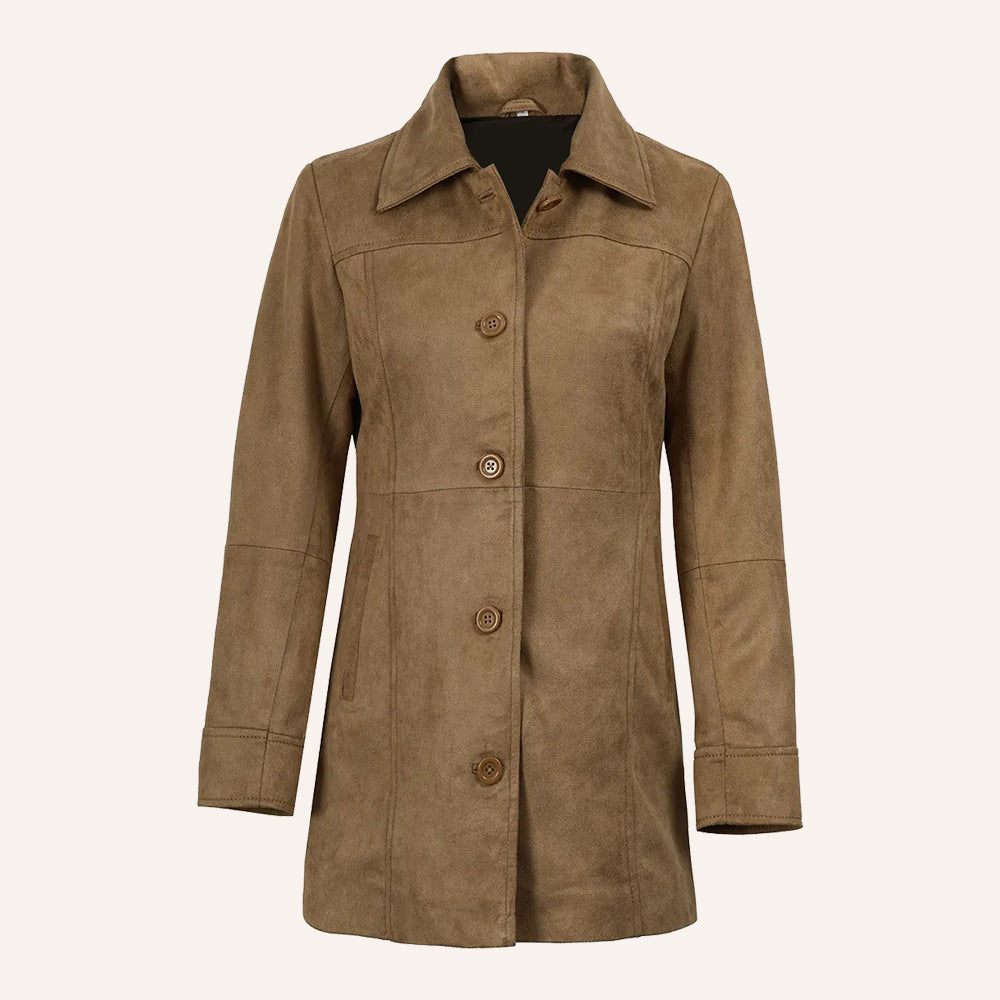 Women’s Classic Tan Suede Leather Mid-Length Trench Coat