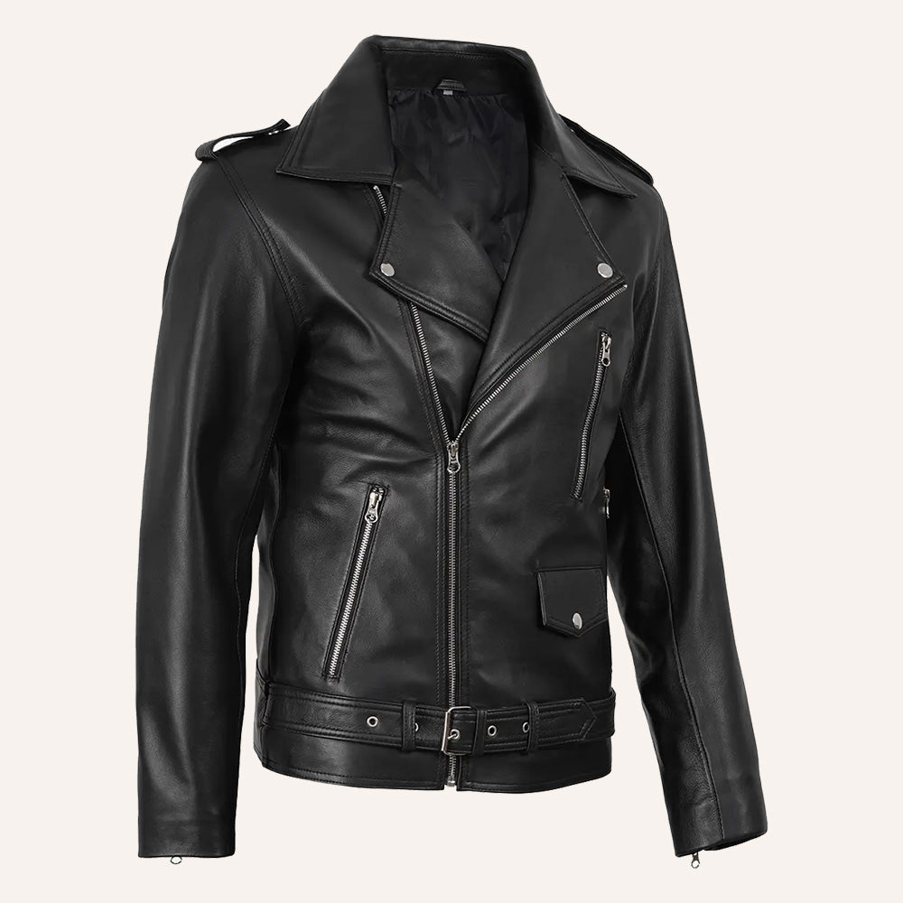 Men's Black Leather Biker Jacket with Belted Waist