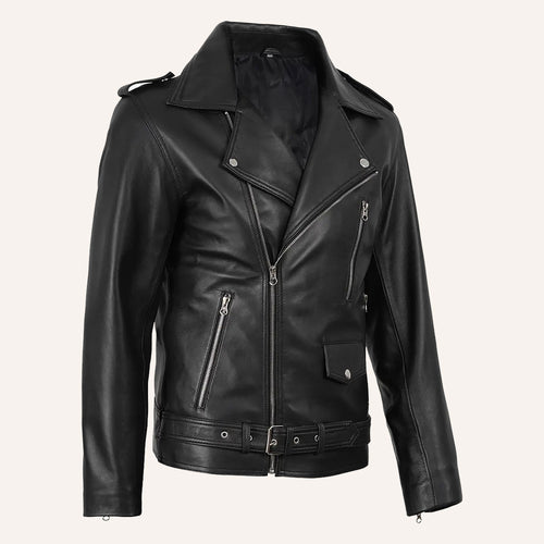 Men's Black Leather Biker Jacket with Belted Waist