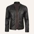 Men's Black Leather Cafe Racer Jacket with Distressed Finish