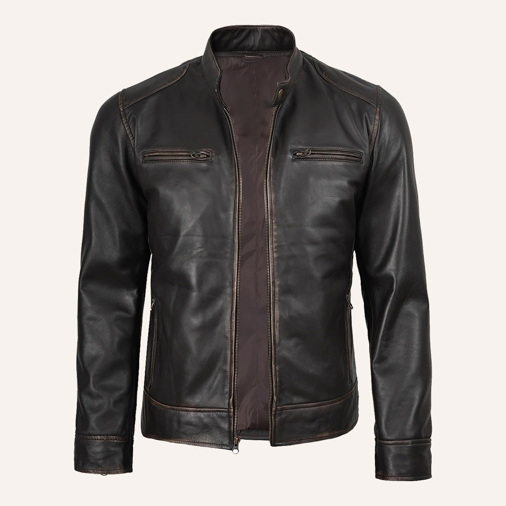 Men's Black Leather Cafe Racer Jacket with Distressed Finish