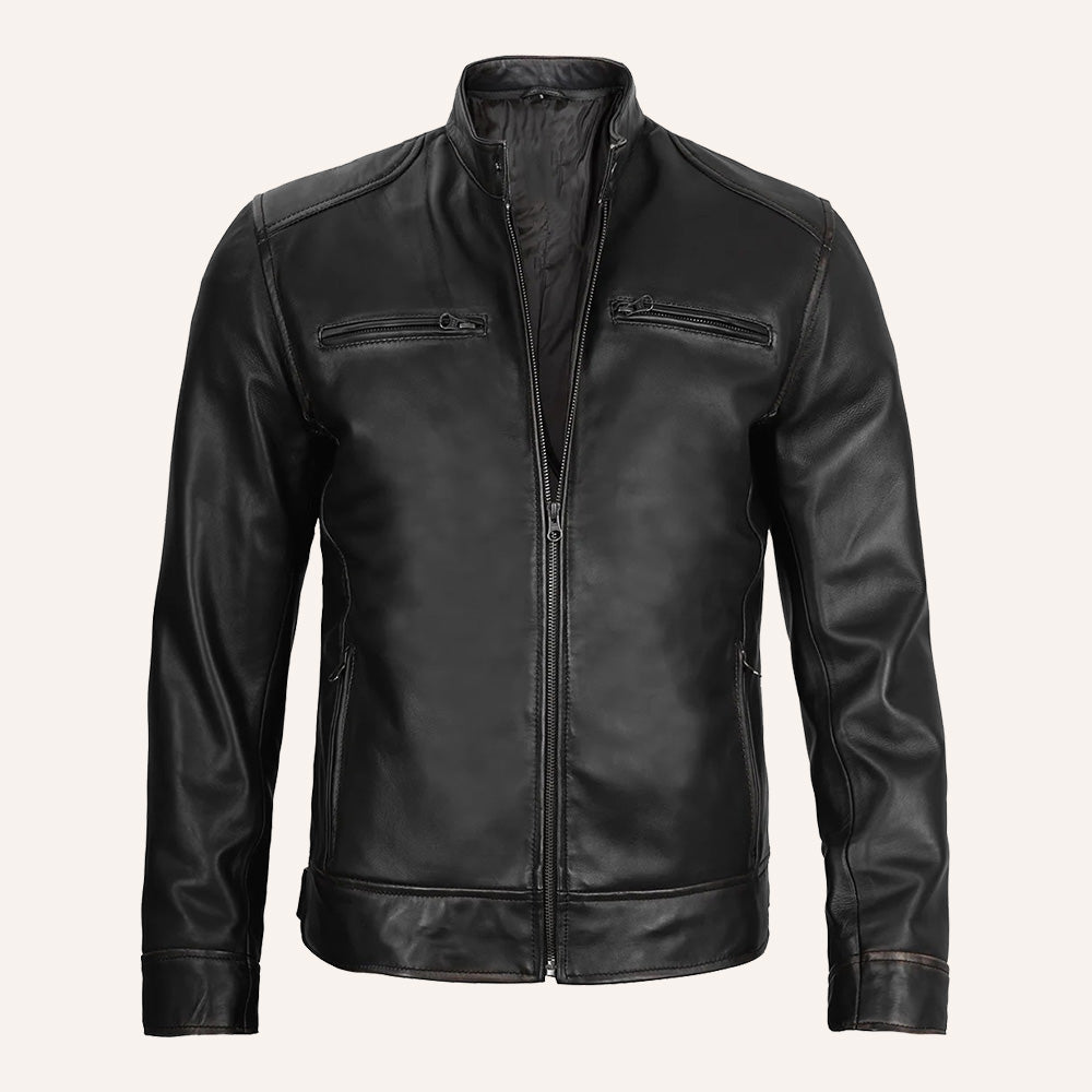 Men's Distressed Black Leather Cafe Racer Jacket