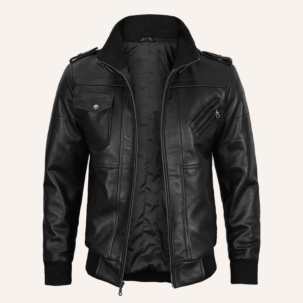 Men's Black Leather Jacket with Detachable Hood