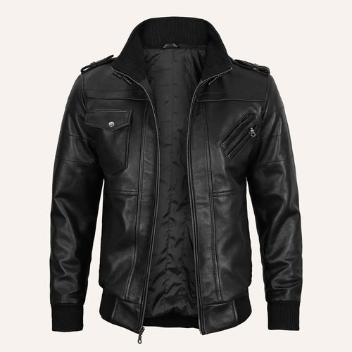 Men's Black Leather Jacket with Detachable Hood