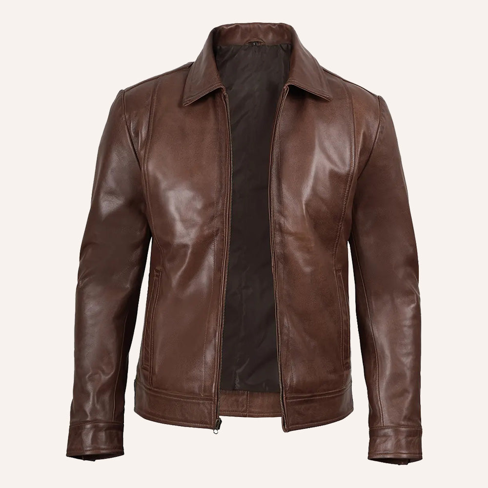 Men's Brown Leather Jacket with Snap Cuffs