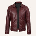 Men's Burgundy Leather Jacket with Front Zip Closure