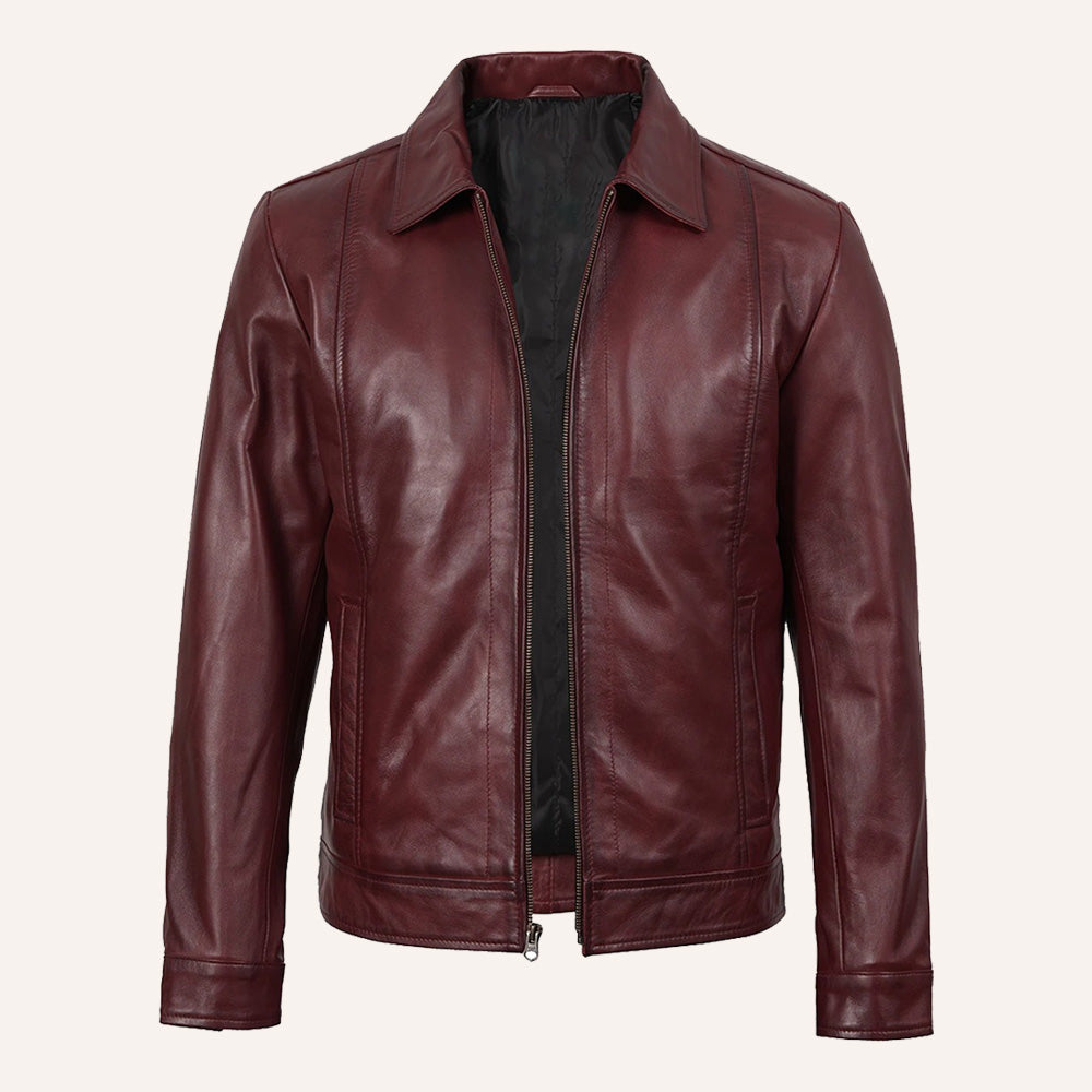 Men's Burgundy Leather Jacket with Front Zip Closure