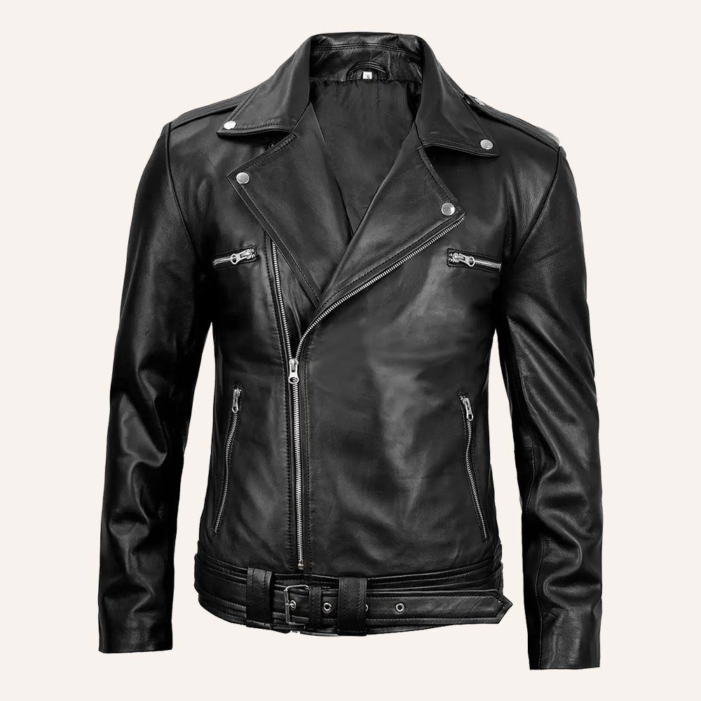 Men’s Classic Black Real Leather Belted Double Rider Biker Jacket