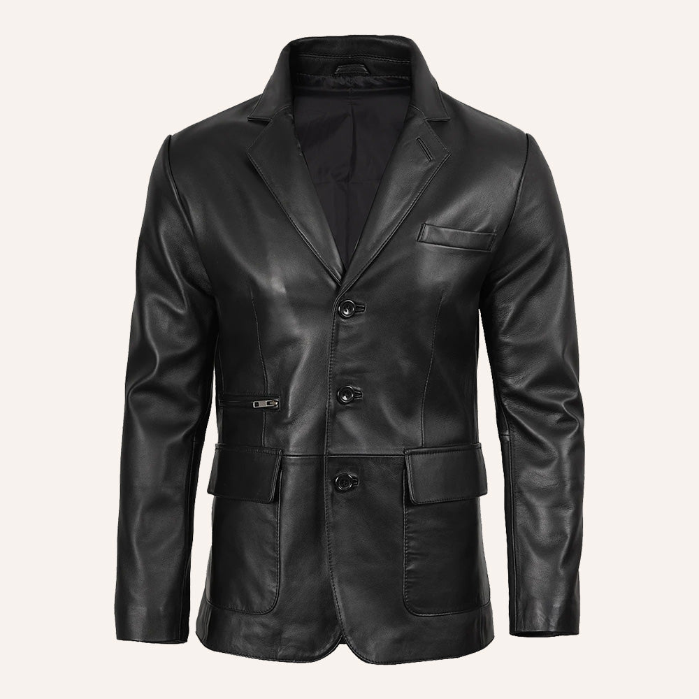 Men’s Classic Tailored Black Real Leather Blazer Jacket