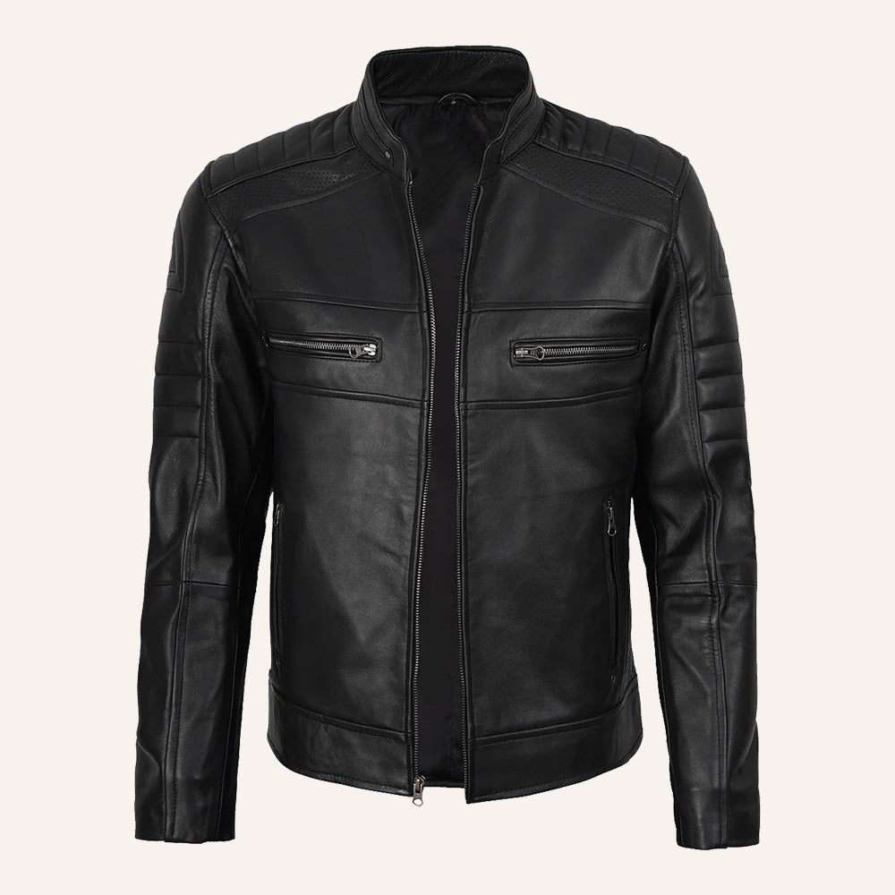 Men’s Classic Black Real Leather Cafe Racer Biker Jacket