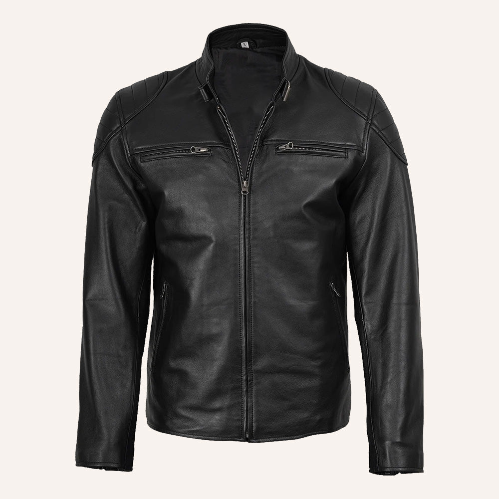Men’s Classic Black Real Leather Quilted Cafe Racer Jacket
