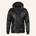 Men’s Black Real Leather 2-in-1 Hooded Bomber Jacket with Removable Hood
