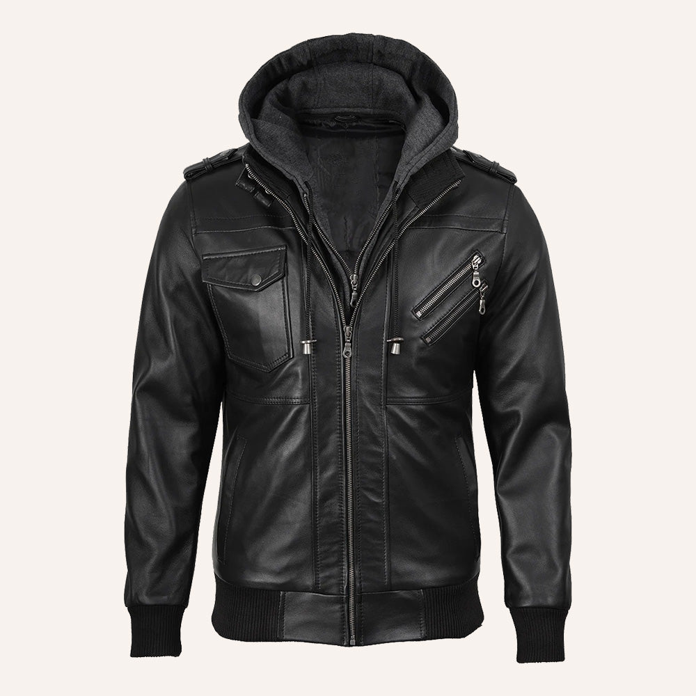 Men’s Black Real Leather 2-in-1 Hooded Bomber Jacket with Removable Hood