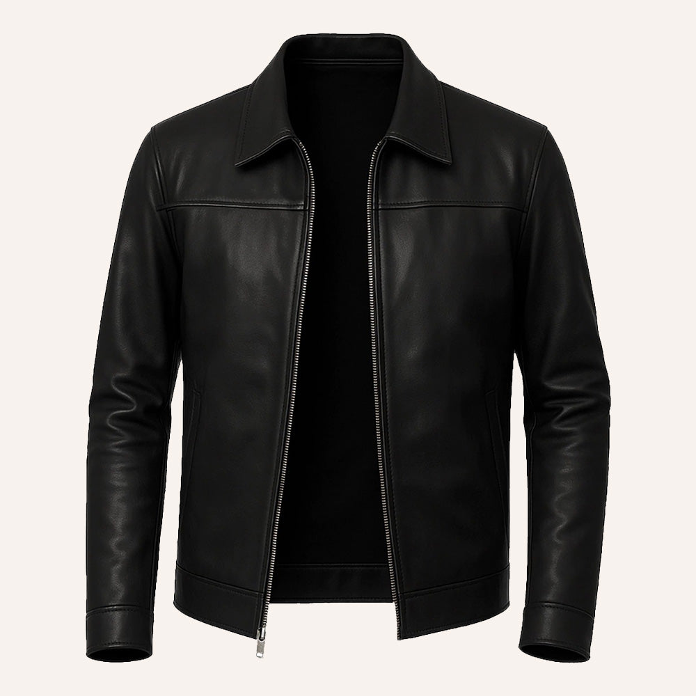 Men’s Classic Black Leather Jacket with Shirt Collar