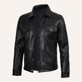 Men's Black Leather Trucker Jacket – Classic Button Front Jacket