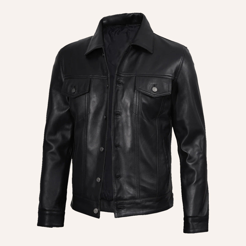 Men's Black Leather Trucker Jacket – Classic Button Front Jacket
