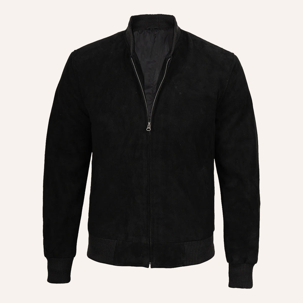 Men’s Classic Black Suede Leather Bomber Jacket