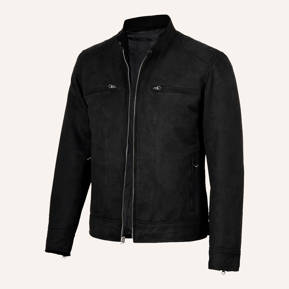 Men’s Classic Black Real Suede Cafe Racer Biker Jacket