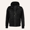 Men’s Classic Black Real Suede 2-in-1 Hooded Bomber Jacket with Removable Hood