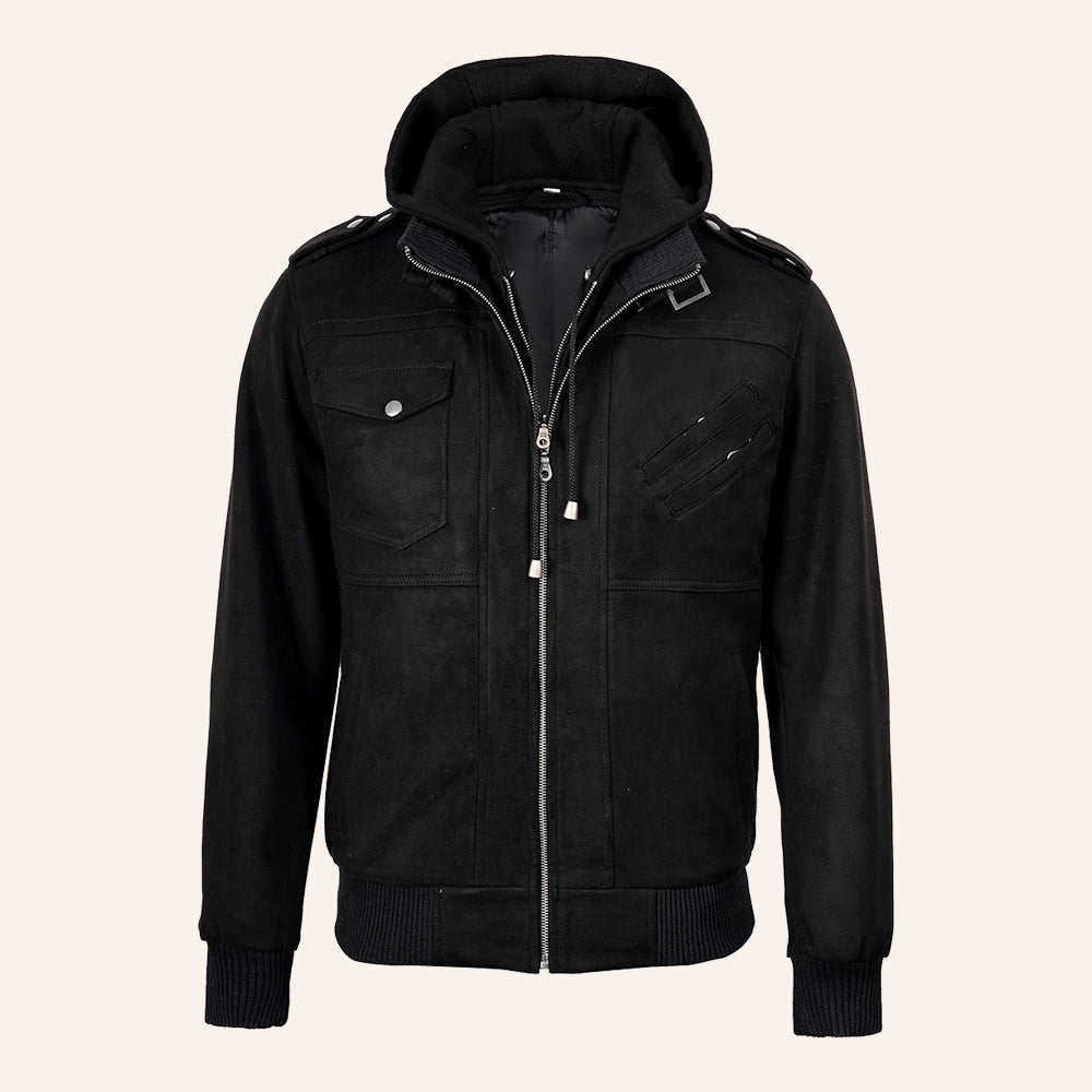 Men’s Classic Black Real Suede 2-in-1 Hooded Bomber Jacket with Removable Hood