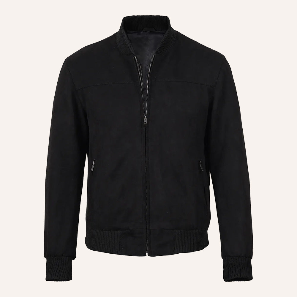 Men’s Classic Black Real Suede Leather Bomber Jacket