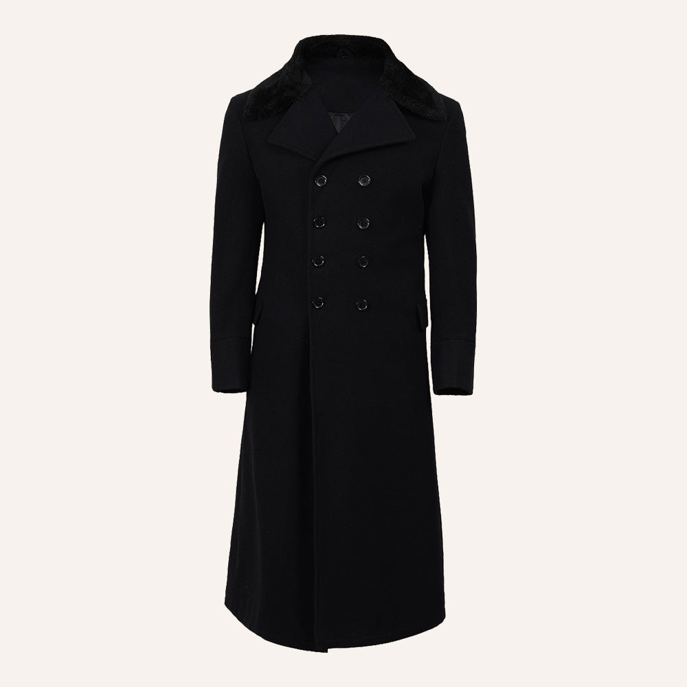 Men’s Classic Black Long Wool Greatcoat with Faux Fur Collar