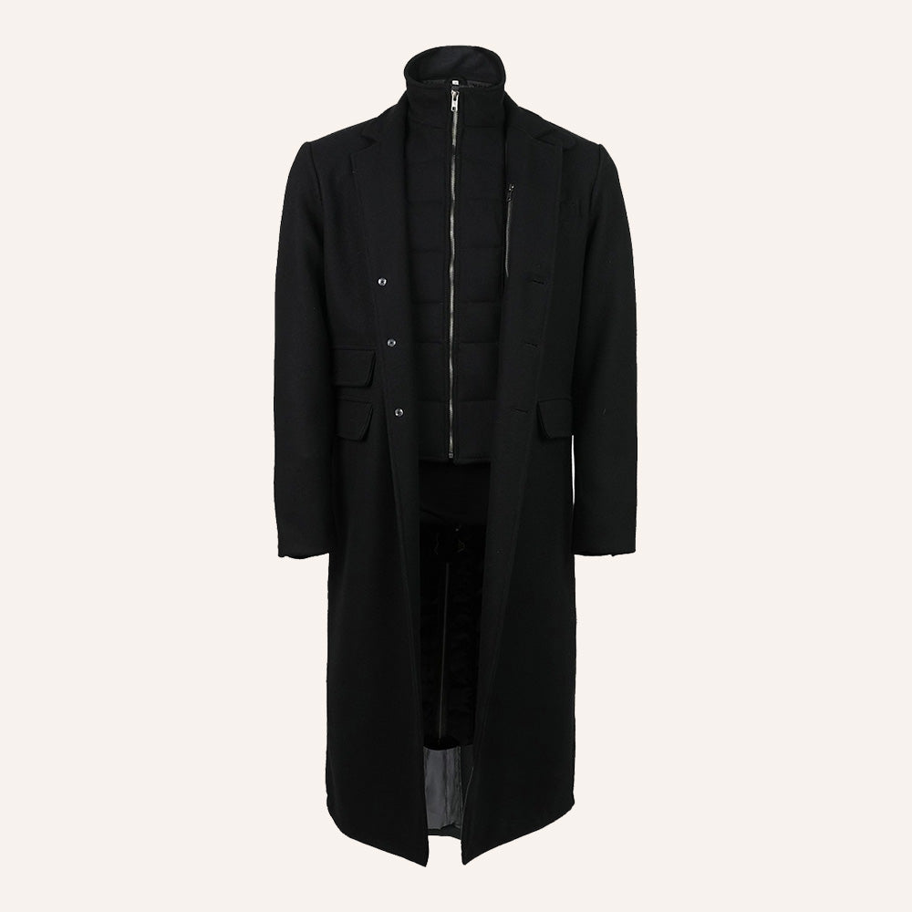Men’s Classic Black Wool Long Overcoat with Removable Zip Vest