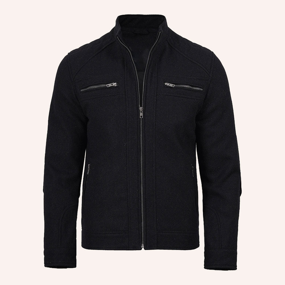 Men’s Classic Black Wool Racer Biker Jacket
