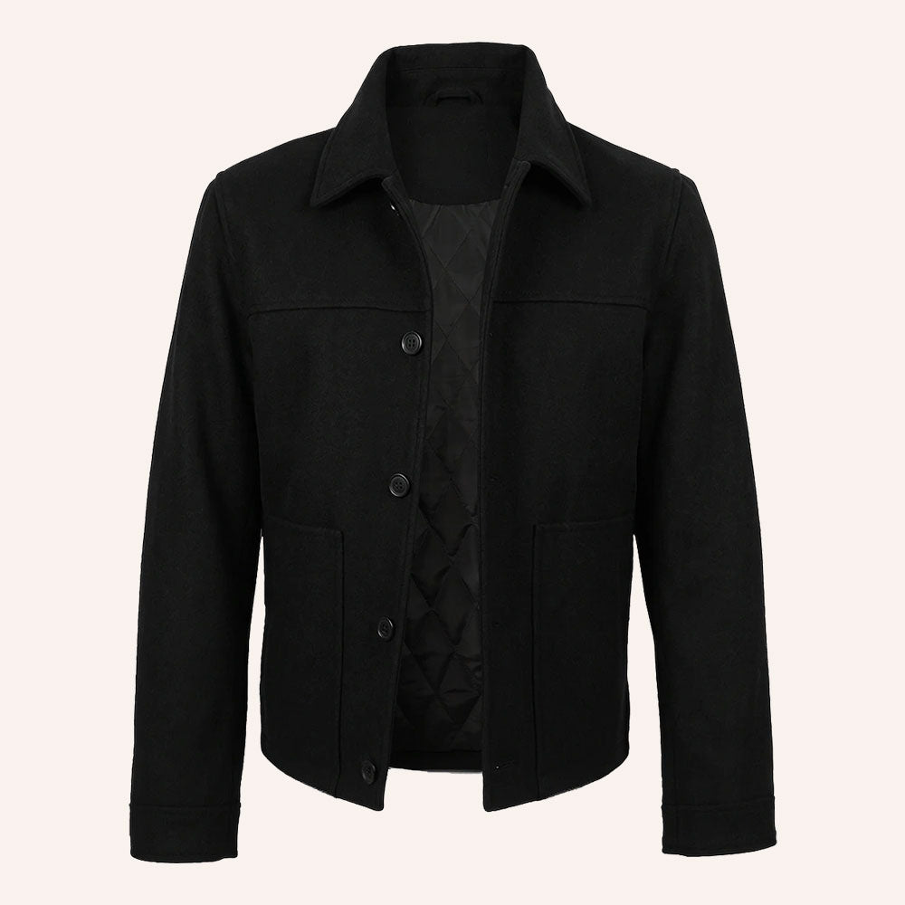Men’s Classic Black Wool Shirt Jacket with Quilted Lining