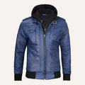 Men’s Vintage Blue Real Leather 2-in-1 Hooded Bomber Jacket with Removable Hood