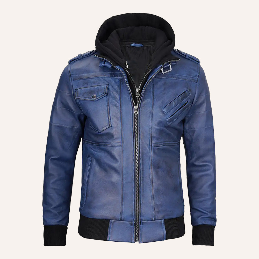 Men’s Vintage Blue Real Leather 2-in-1 Hooded Bomber Jacket with Removable Hood