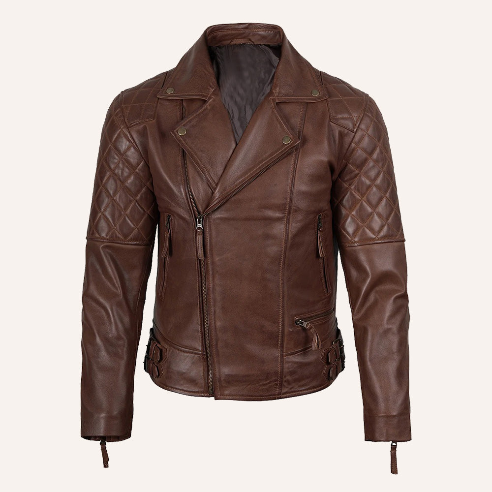 Men’s Classic Brown Real Leather Quilted Biker Jacket