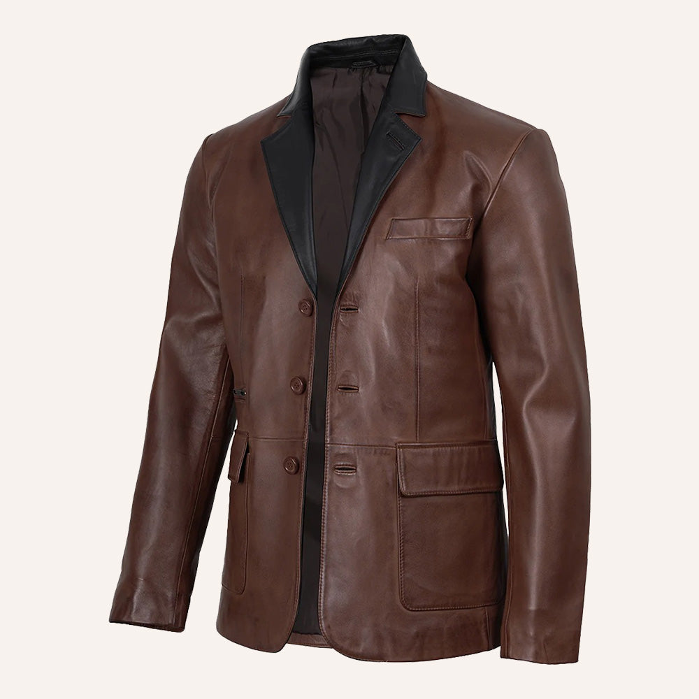 Men’s Classic Two-Tone Brown Real Leather Blazer with Black Lapel