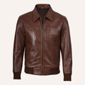 Men’s Classic Brown Real Leather Shirt-Collar Bomber Jacket