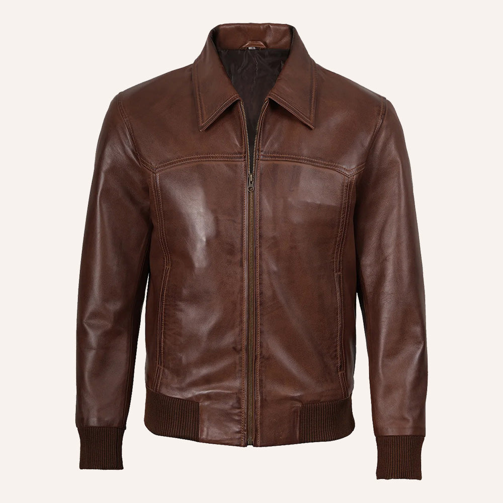 Men’s Classic Brown Real Leather Shirt-Collar Bomber Jacket