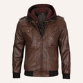 Men’s Brown Real Leather 2-in-1 Hooded Bomber Jacket with Removable Maroon Hood