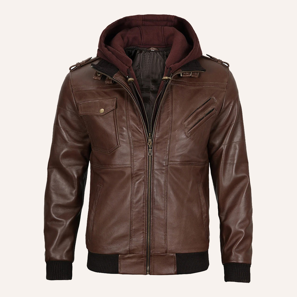 Men’s Brown Real Leather 2-in-1 Hooded Bomber Jacket with Removable Maroon Hood