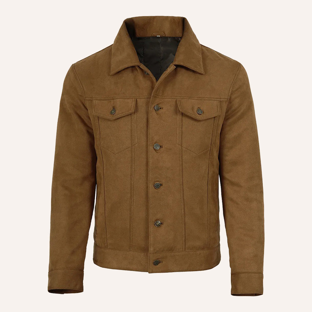 Men’s Classic Tan Brown Real Suede Trucker Jacket